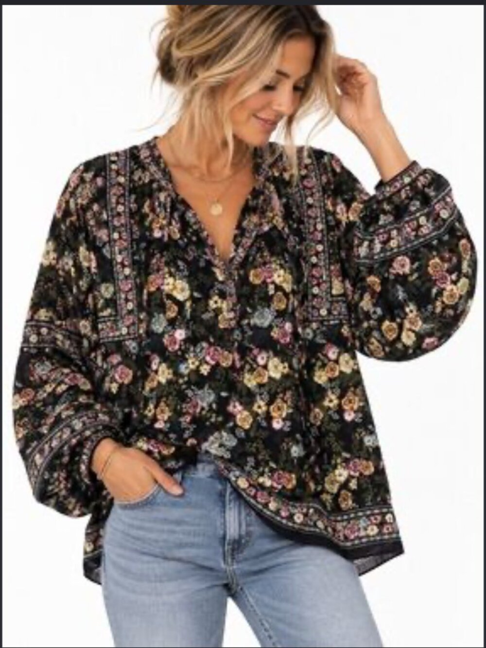 NWOT Rose & Olive Womens Floral Print Balloon Sleeve Boho Blouse Size Medium
